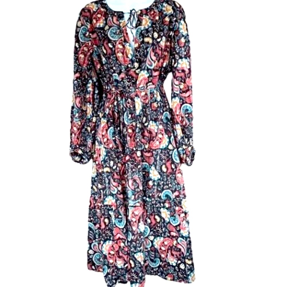 NWT‎ Mystical Creatures LOFT Navy 100% Cotton Relaxed Belted Dress SZ S/M